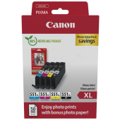  Original Canon CLI-551 XL 6443 B 008 Tintenpatrone MultiPack High-Capacity CLI Bk,C,M,Y + Fotopapier PP-201 50 Blatt 